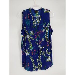 Worthington Womens Royal Blue Floral Sleeveless V-Neck Blouse Top Sz L